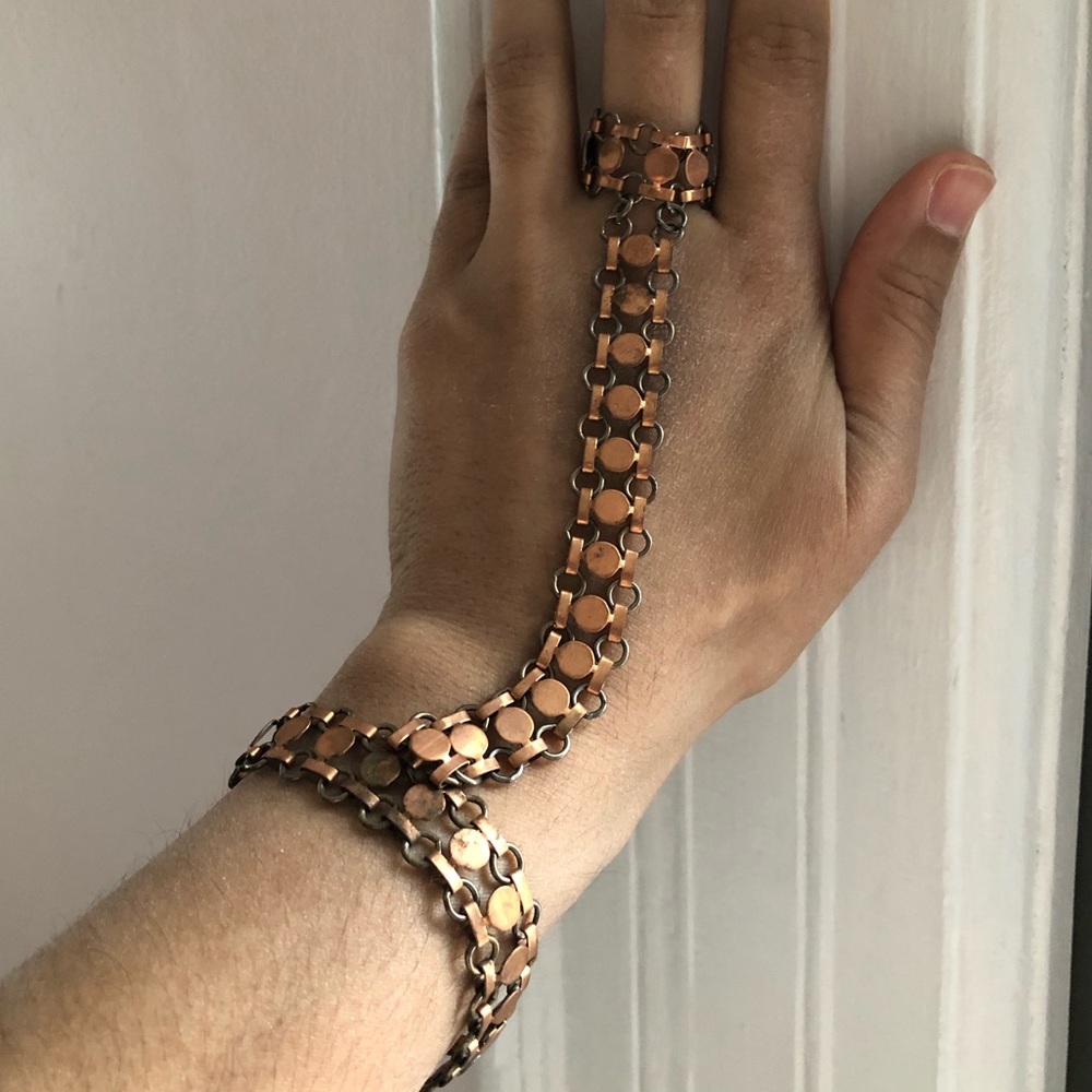 Ring to Wrist bracelet cuff copper tones metal layering boho vintage - Picture 2 of 7